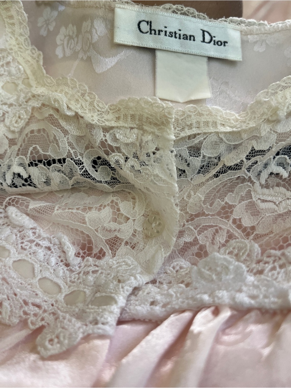 Vintage Christian Dior Pink Satin and Ivory Lace Nightgown Flutter Sleeves Med